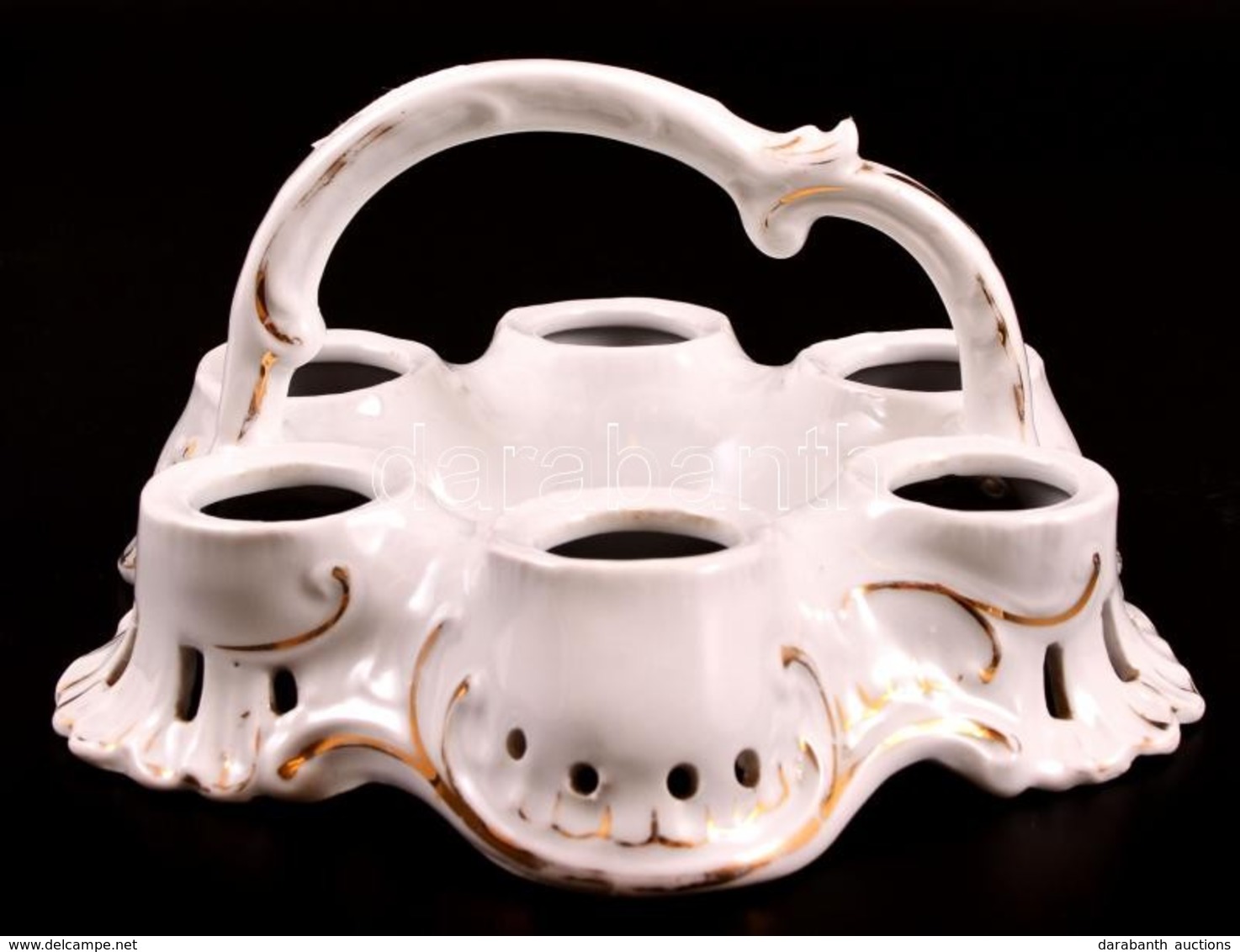 6 Férőhelyes Porcelán Tojástartó, Kézzel Festett, Jelzett, Kopásokkal, M: 11 Cm - Other & Unclassified