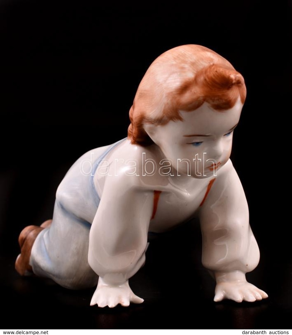 Porcelán Kúszó Kisgyerek, Kézzel Festett, Jelzett, Kis Sérülésekkel, M: 10 Cm - Other & Unclassified