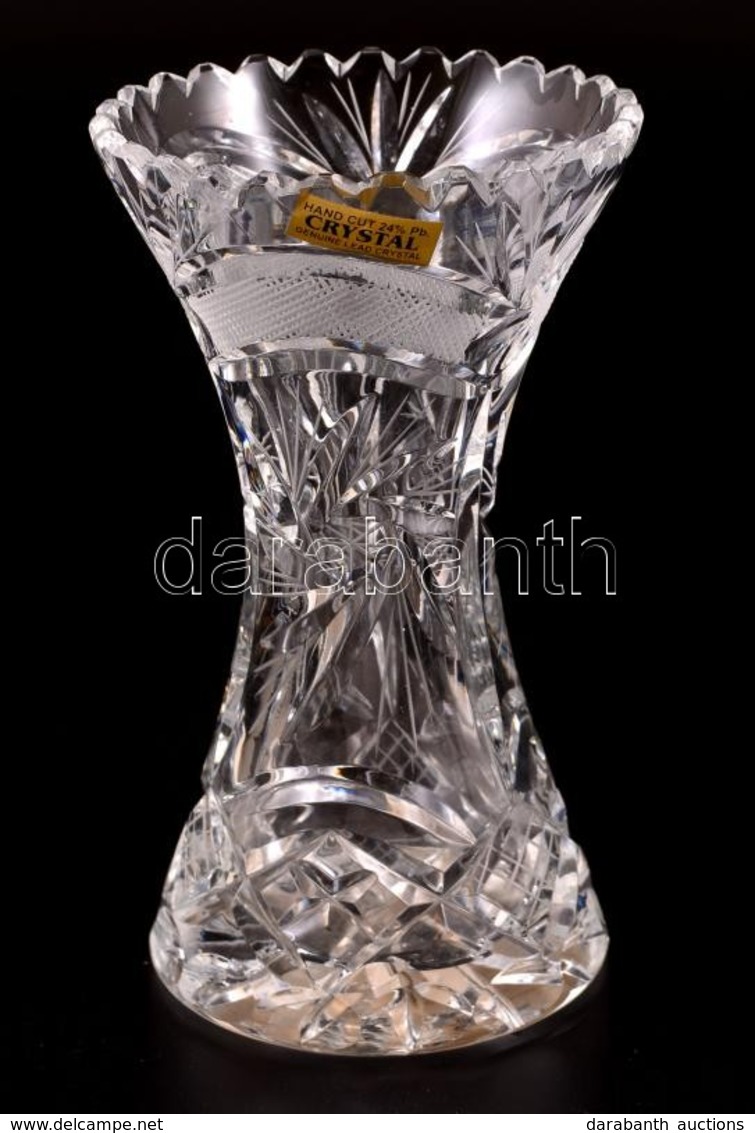 Dekoratív ólomkristály Váza, Csiszolt, Metszett, Apró Kopásokkal, M: 16,5 Cm - Glass & Crystal