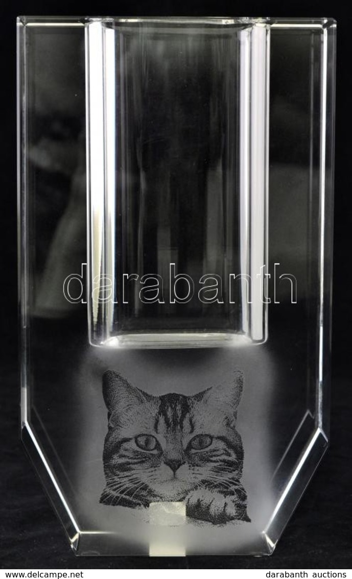 Erwin Weber Design Lézer Gravírozott Cicás Váza, Jelzett, Hibátlan, Eredeti Dobozában, M:25 Cm - Glass & Crystal