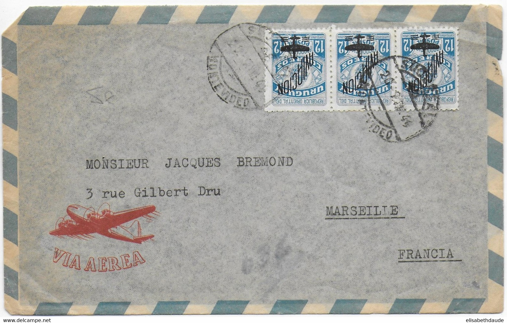 1949 - URUGUAY - POSTE AERIENNE - ENVELOPPE Par AVION De MONTEVIDEO => MARSEILLE - Uruguay