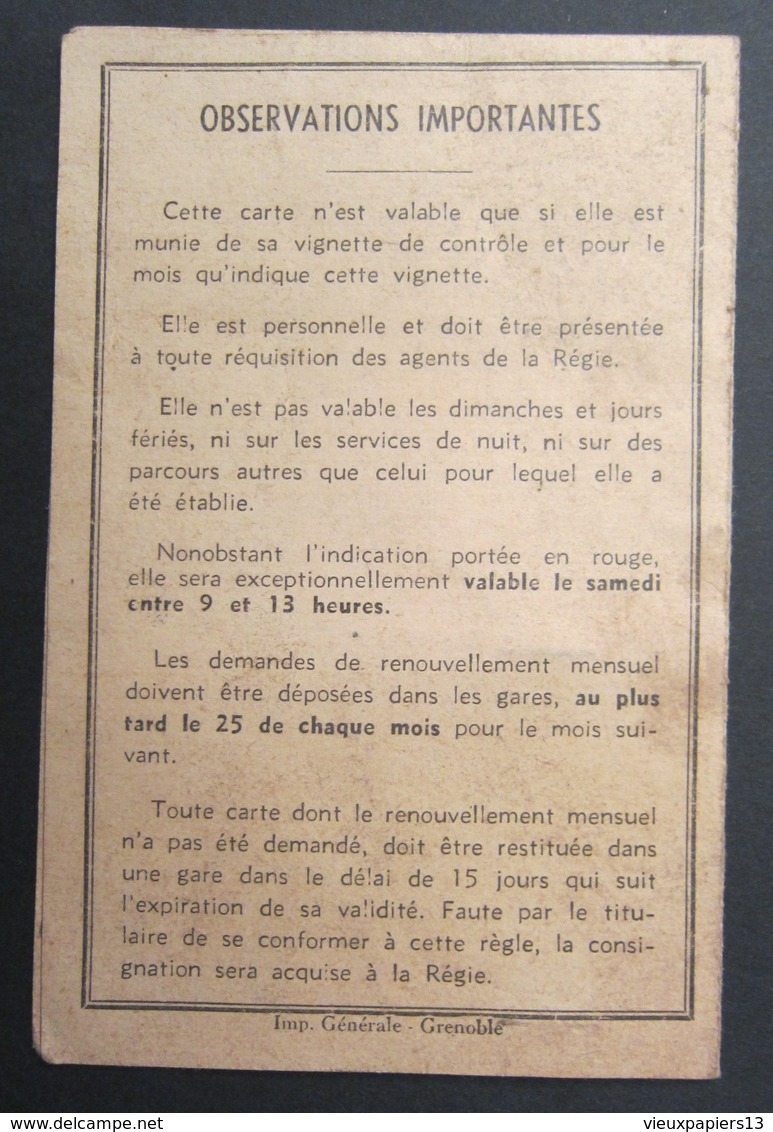 Ancienne Carte D'abonnement Régie Des Voies Ferrées Du Dauphiné - Grenoble 1956 Pont De Champs Vizille - Chemins De Fer - Europe