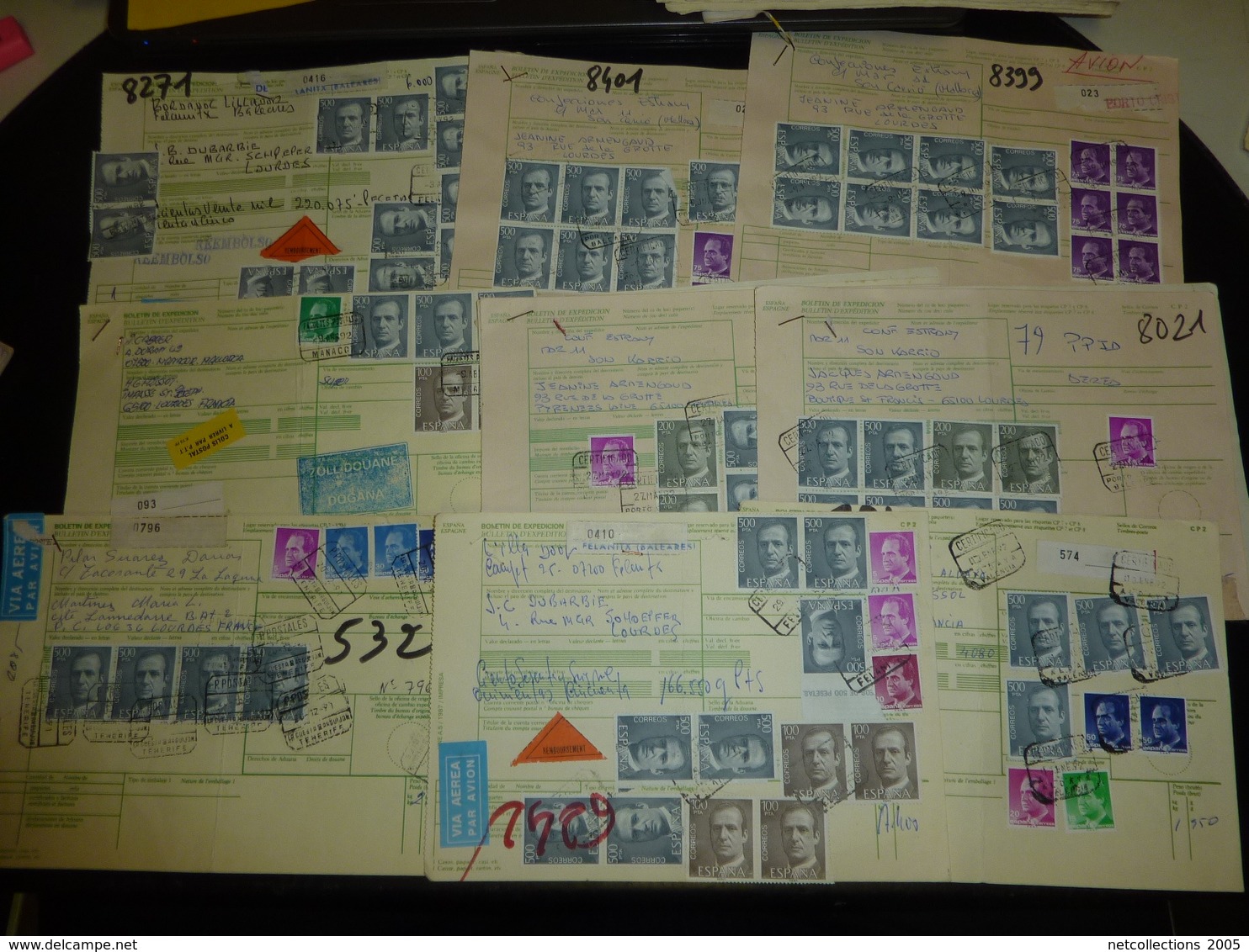 LOT DE 76 BULLETINS D'EXPEDITIONS DE COLIS AVEC TIMBRES DIVERS PAYS PERIODE 1992 - ISRAEL, ESPAGNE, BELGIQUE, ITALIE....