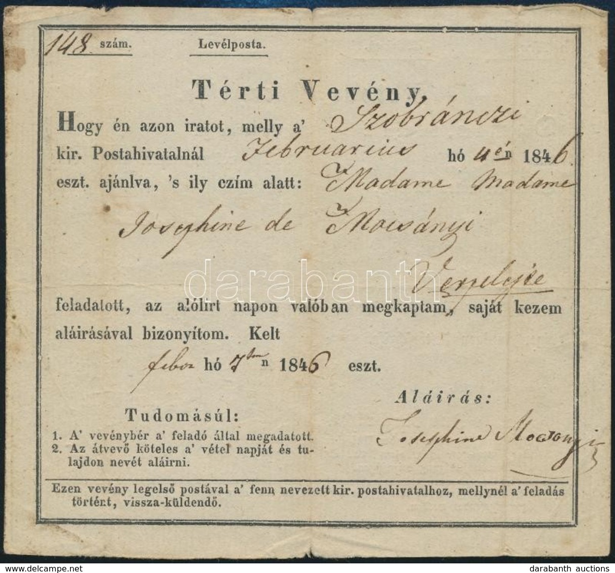 1846 Szobráncon Feladott Levél Tértivevény Szelvénye, 1846. Febr. 7., - Unclassified