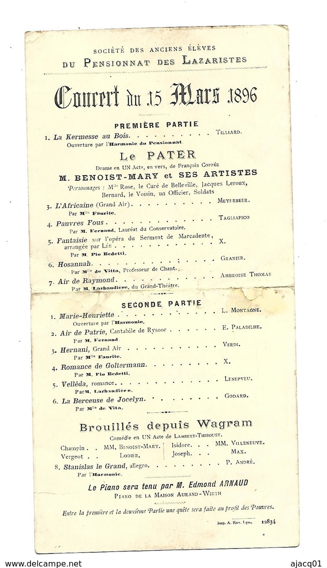 69 LYON Concert Du 15 Mars 1896 Pensionnat Des Lazaristes - Programme