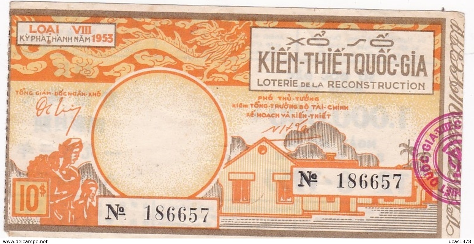 VIETNAM / LOTERIE DE LA RECONSTRUCTION 1953 - Billets De Loterie