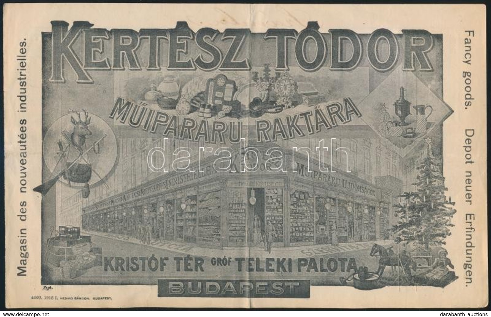 1916 Bp. Kristóf Tér, Kertész Tódor Műiparáru Boltjának Dekoratív Számlája, Hátoldalán Az üzlet Szecessziós Képével, 2 F - Non Classés