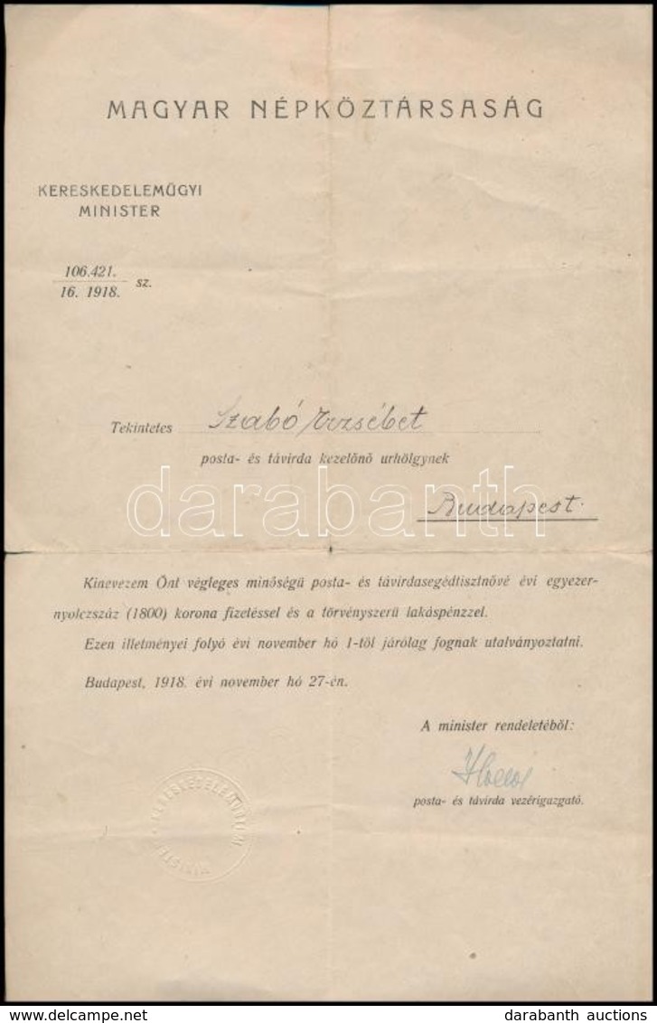 1918 Posta-, és Távirdasegédtisztnői Kienvezés, Magyar Népköztársaság, Kereskedelemügyi Miniszter Szárazbélyegzőjével, A - Non Classificati