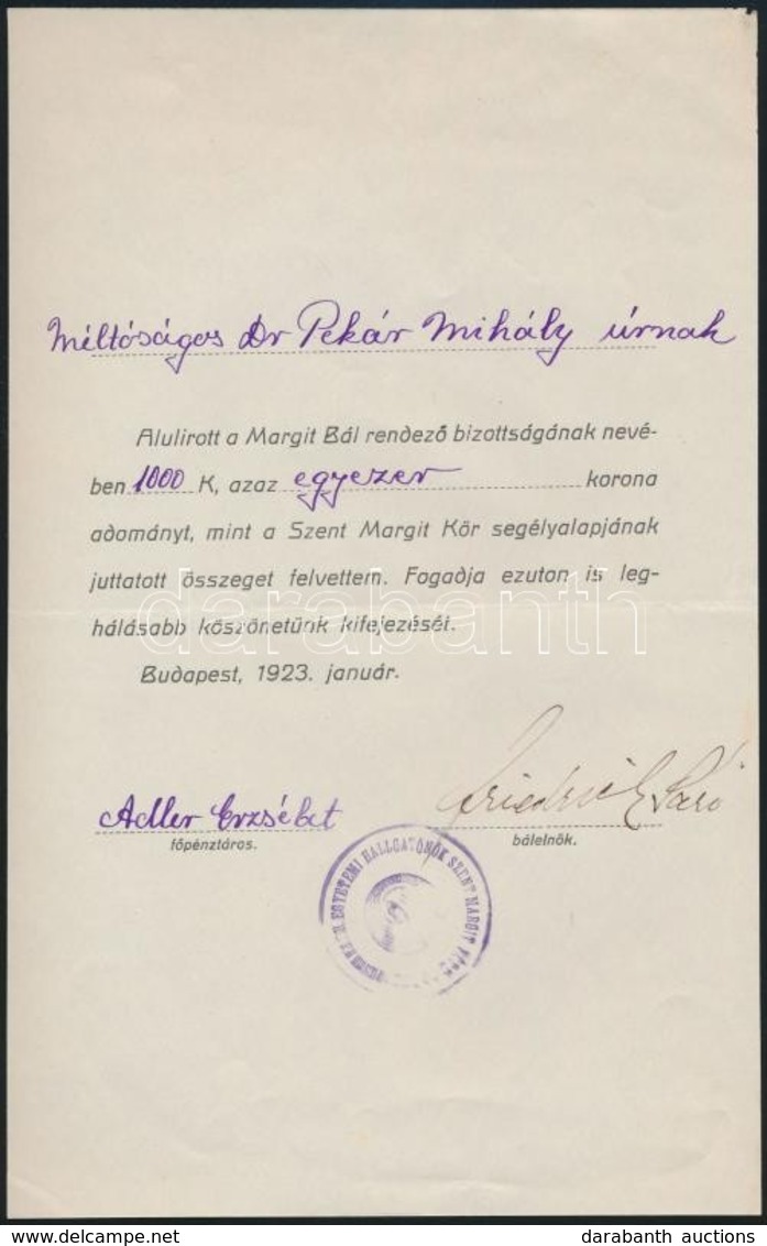 1923 Bp., A Margit Bál Rendezőbizottságának Köszönőlevele - Ohne Zuordnung