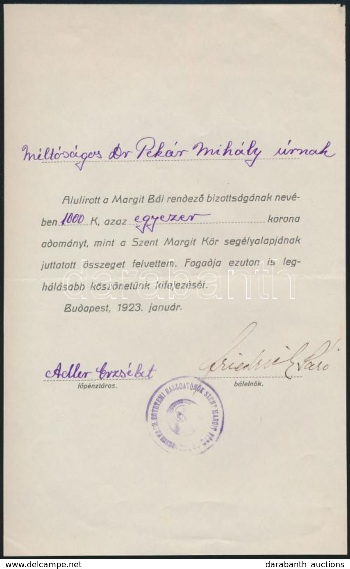 1923 Bp., A Margit Bál Rendezőbizottságának Köszönőlevele - Non Classificati