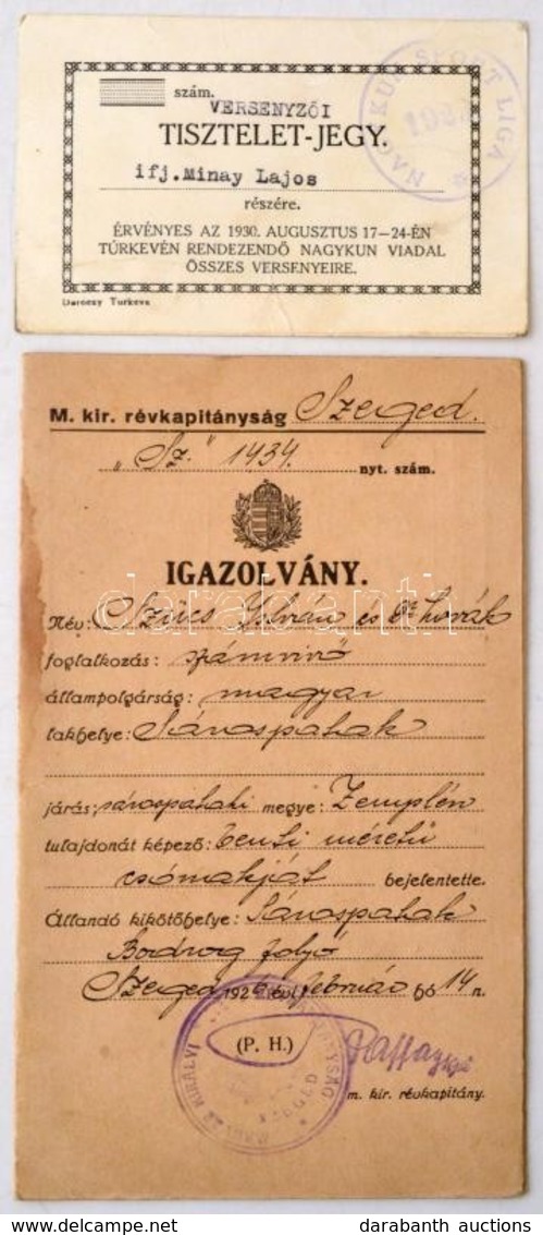 2 Db Okmány: 1926 Szeged, M. Kir. Révkapitányság Igazolvány, Szücs István Nevére, Bélyegzővel. + 1930 Túrkeve, Versenyző - Ohne Zuordnung