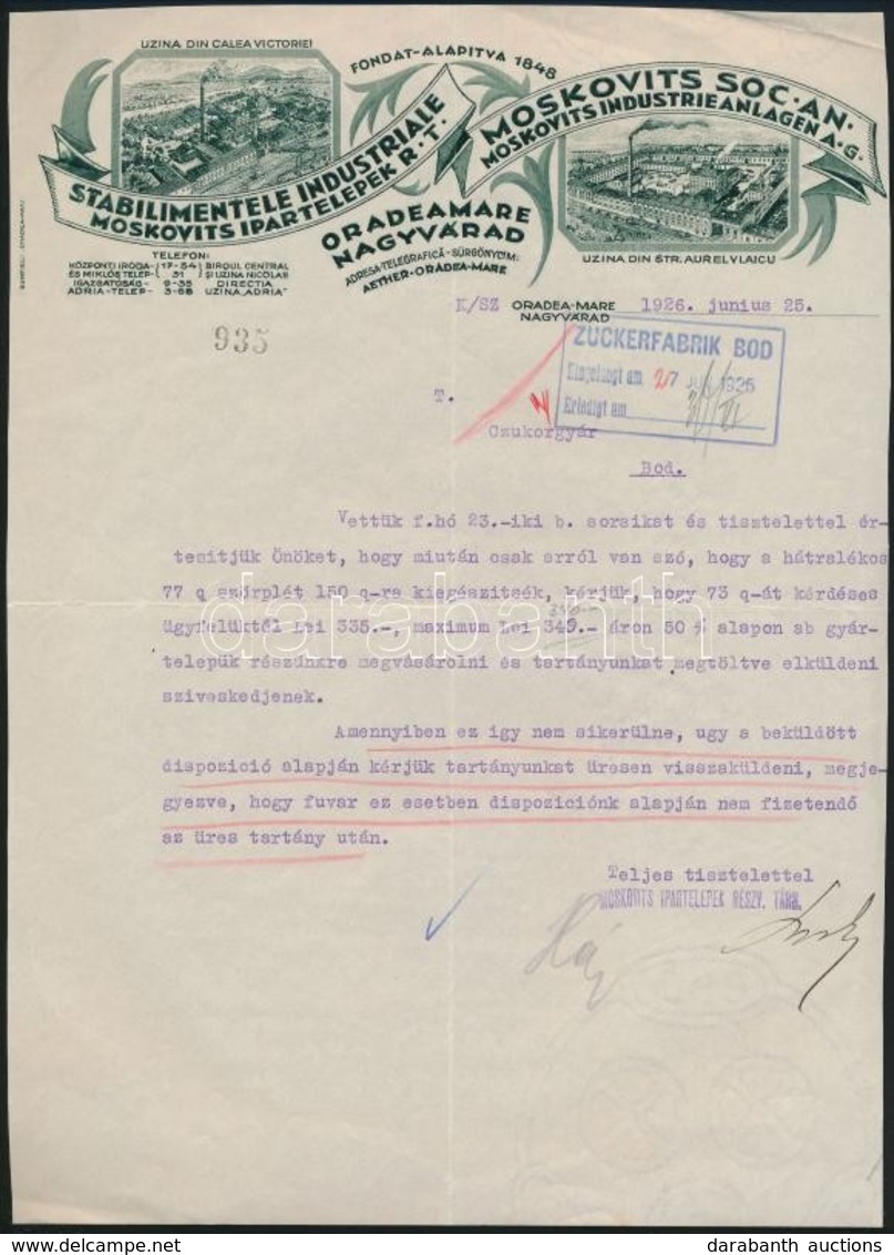 1926-1927 Nagyvárad, A Moskovits Ipartelepek 2 Db Hivatalos Levele, Díszes Fejléces Papíron - Sin Clasificación