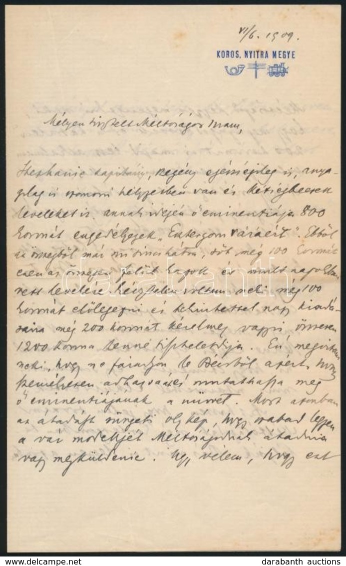 1909 Báró Forster Gyula (1846-1932) Történész, író, Főrendiházi Tag Kézzel írt és Aláírt Levele Kohl Medárd Püspöknek St - Ohne Zuordnung