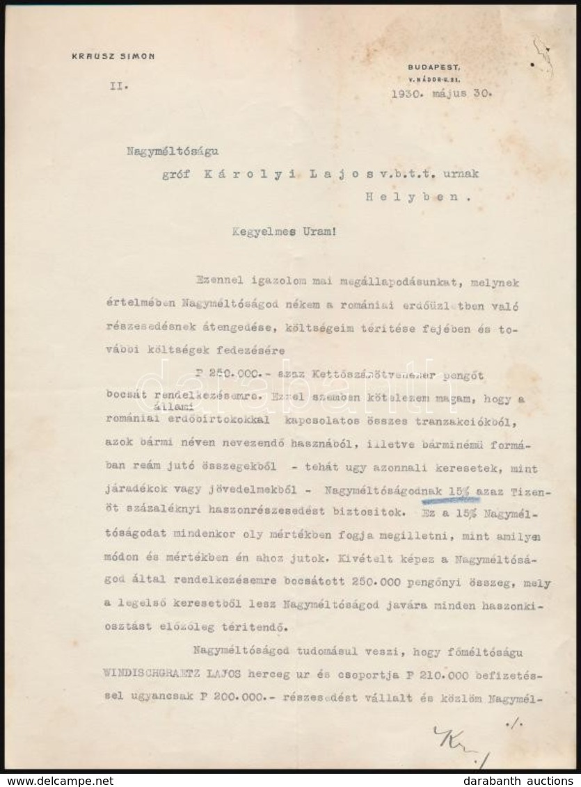 1930 Krausz Simon (1876-1938) Legendás Bankár, Tőzsdespekuláns Saját Kézzel Aláírt Levele Melyben Gróf Károlyi Lajos, Va - Non Classificati