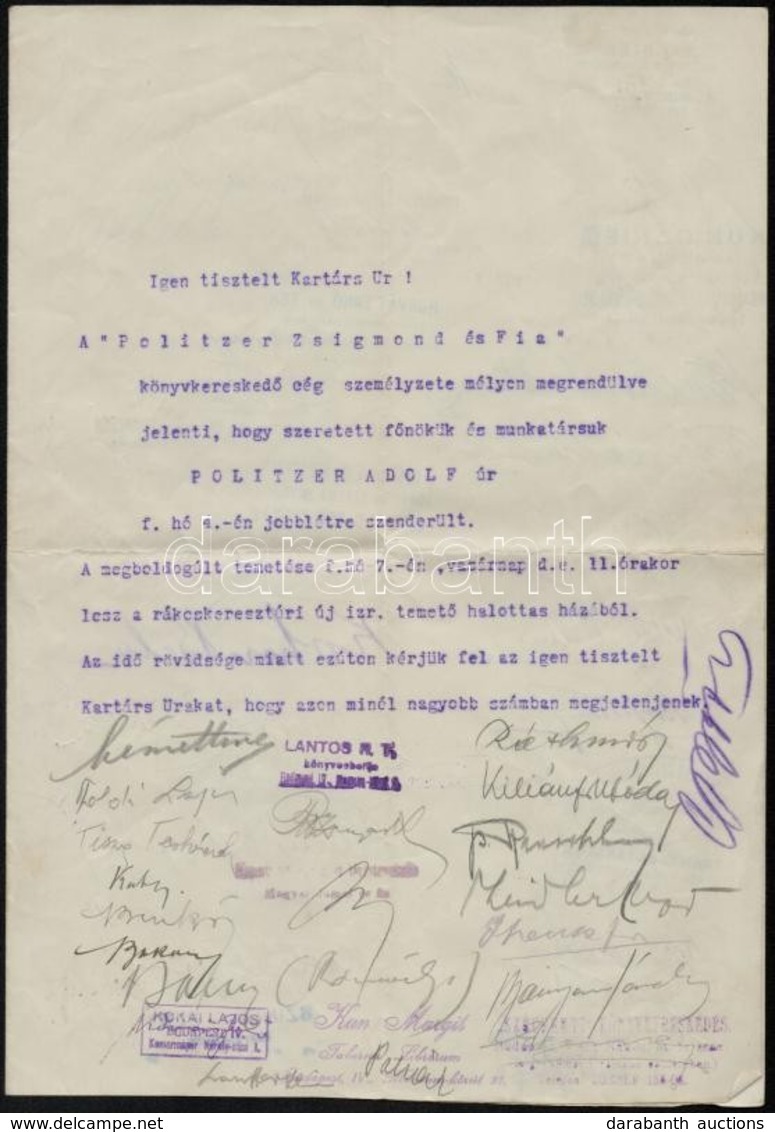 1932  Politzer Adolf (c.1863 - 1932) Könyvkereskedő Halálozási értesítője A Többi Könyvkereskedő és Antikvárius Részére. - Unclassified