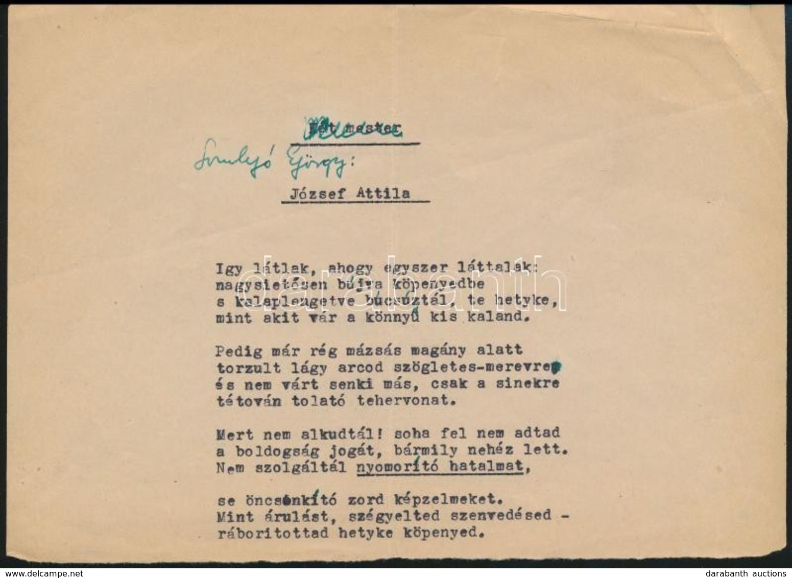 Somlyó György (1920-2006): József Attila Verse C. Költeményének Gépirat Saját Kezű Aláírásával - Unclassified