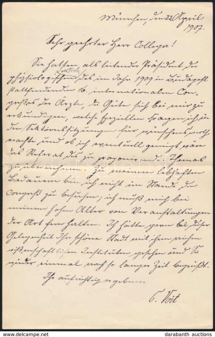 1907 Carl Von Voit (1831-1908) Pszichológus Saját Kézzel írt Levele - Other & Unclassified