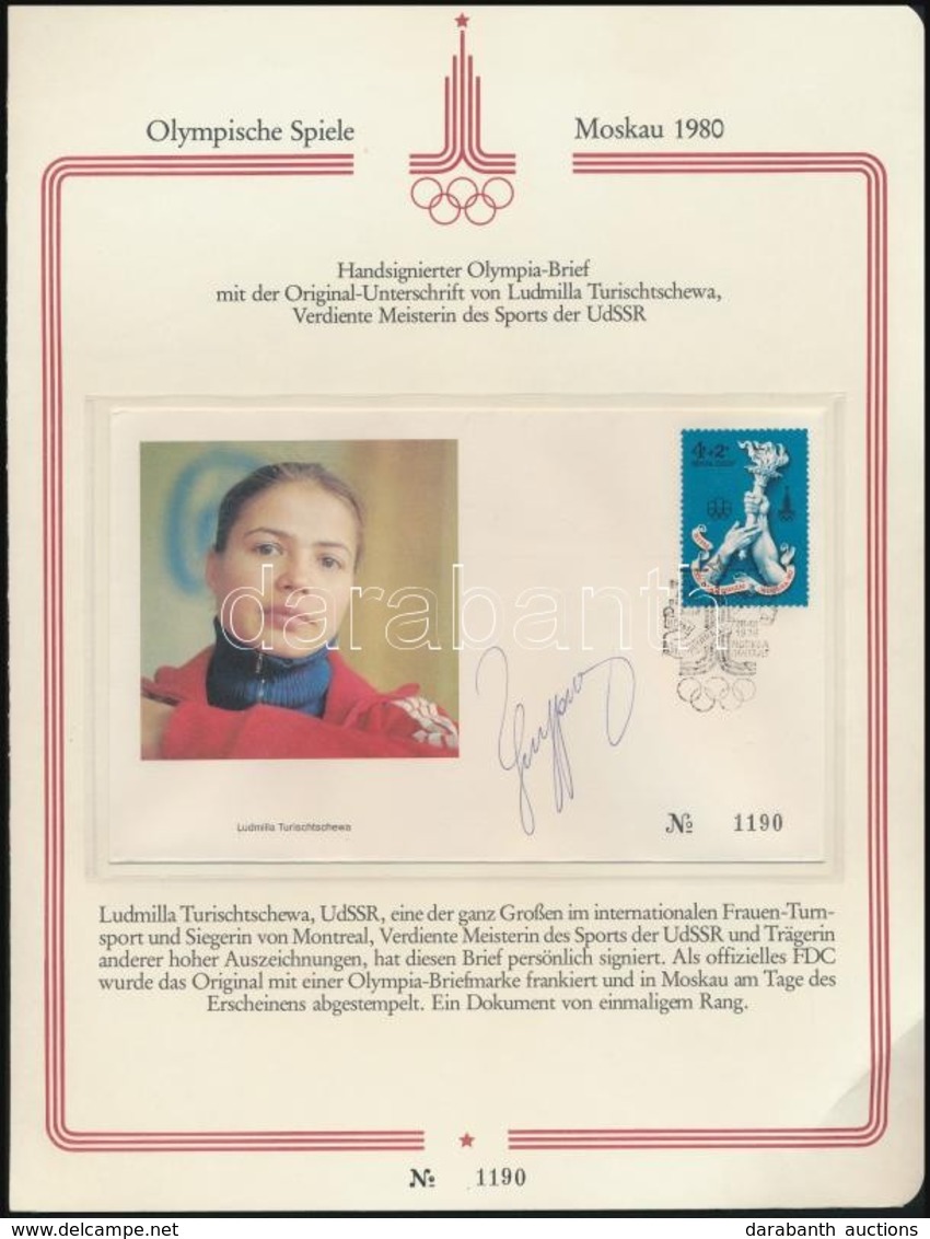 1980 Lyudmila Turishcheva Szovjet Olimpiai Bajnok Tornásznő Aláírása A Moszkvai Olimpia Emléklapján - Other & Unclassified