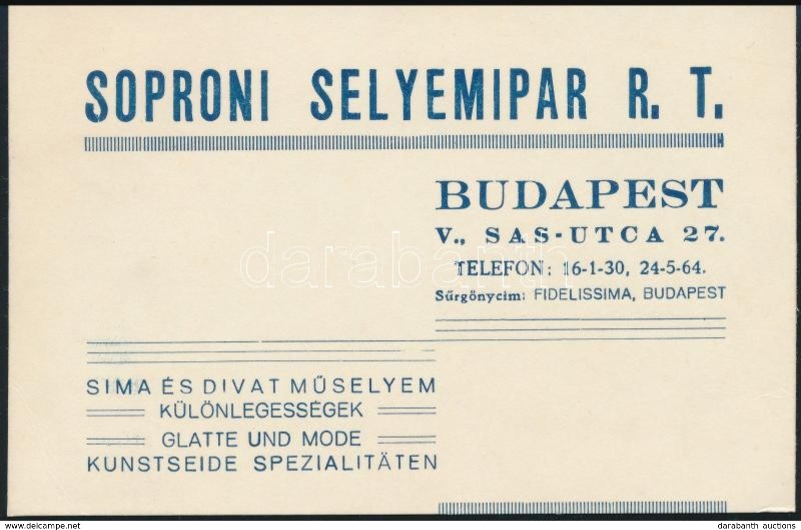 Soproni Selyemipar Rt. Budapest Reklámkártya - Advertising