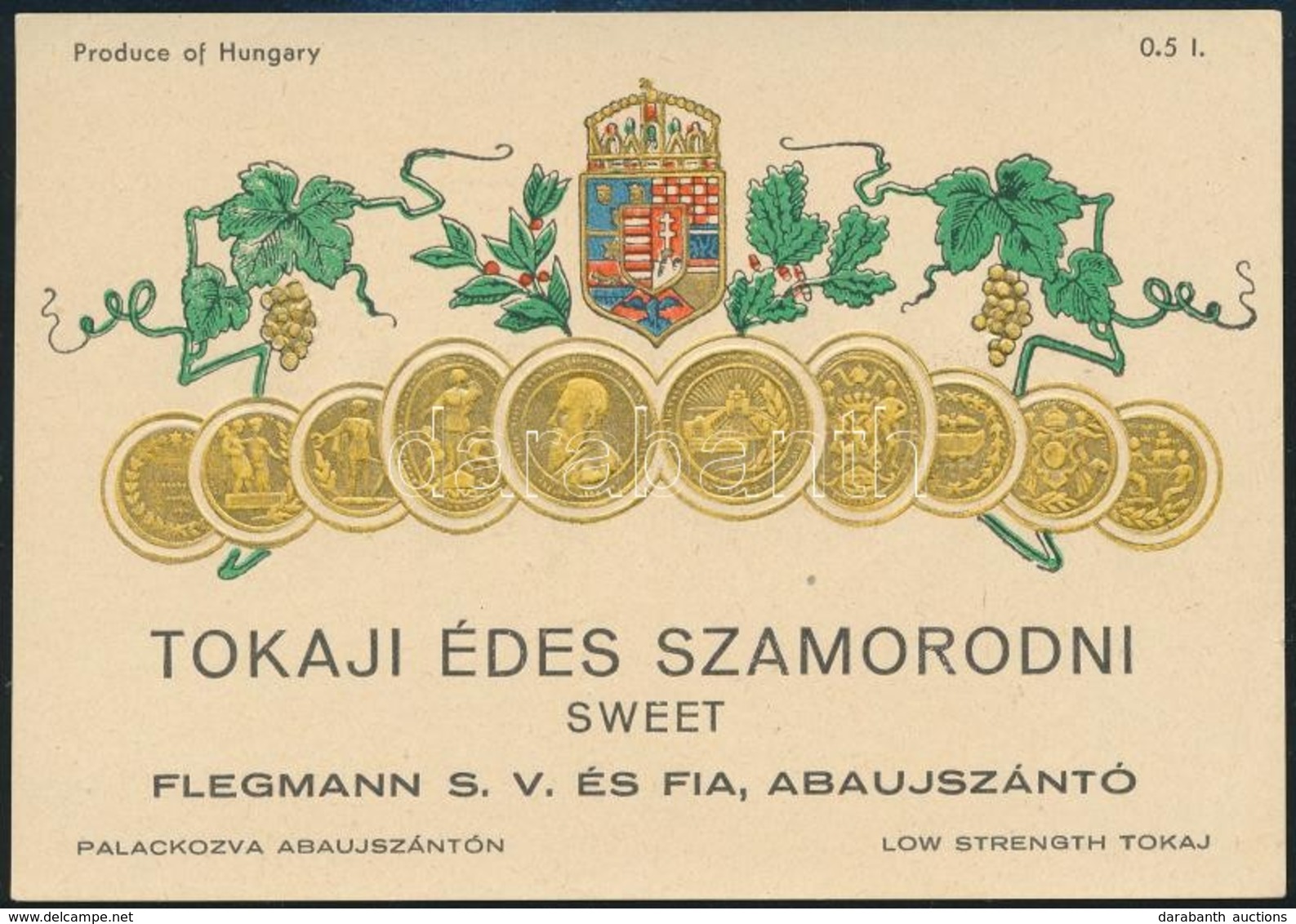 Cca 1910 Dekoratív Címeres Dombor- és Aranynyomásos Tokaji Édes Szamorodni Boros Címke, Szép állapotban - Werbung