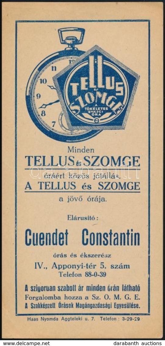 Cca 1910-1920 Bp.IV. Apponyi Tér, Tellus és Szomge órás Számolócédulája, Szép állapotban - Werbung