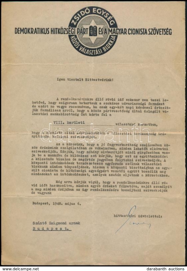 1948 A Zsidó Egység -- A Demokratikus Hitközségi Párt és A Magyar Cionista Szövetség Közös Választási Blokkjának Levele  - Other & Unclassified