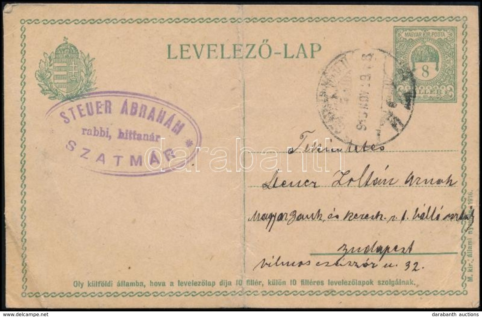 1916 Szatmár, Steuer Ábrahám Rabbi, Saját Kezű Levelezőlapja Fiának / Ábrahám Steuer Rabbi's Letter - Sonstige & Ohne Zuordnung