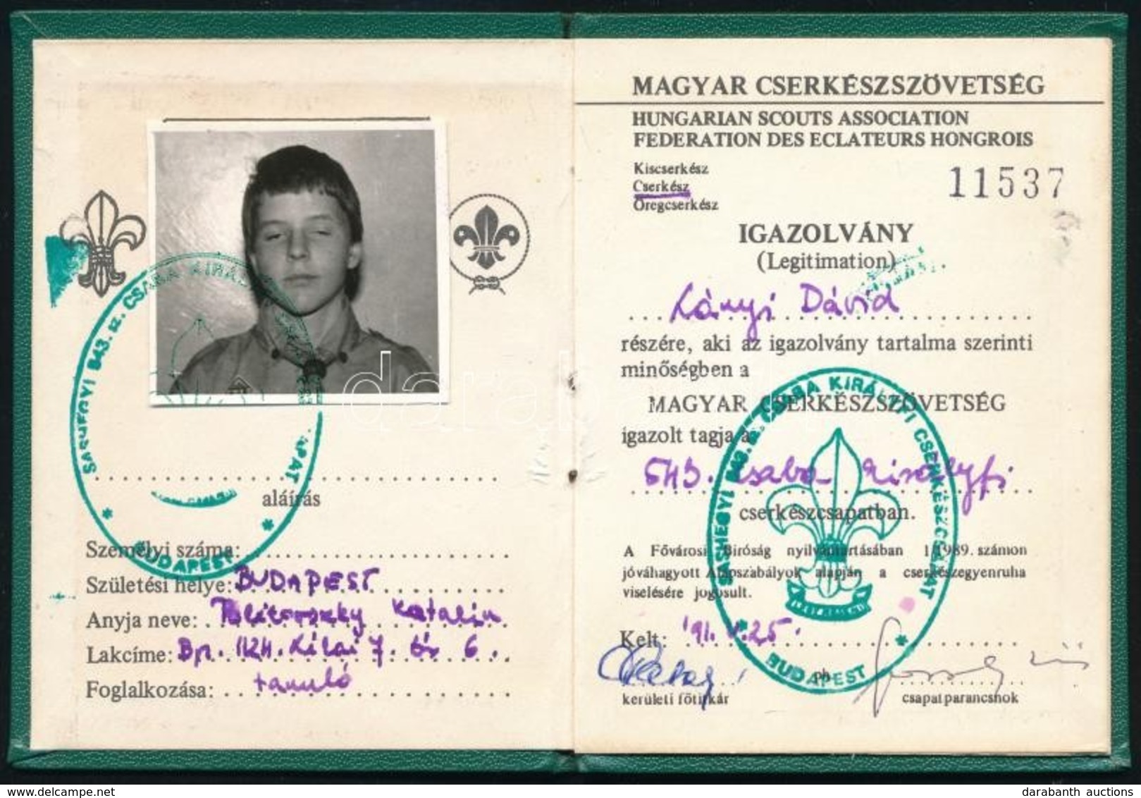 1991 A Magyar Cserkészszövetség Fényképes Igazolványa Cserkész Részére - Scoutismo