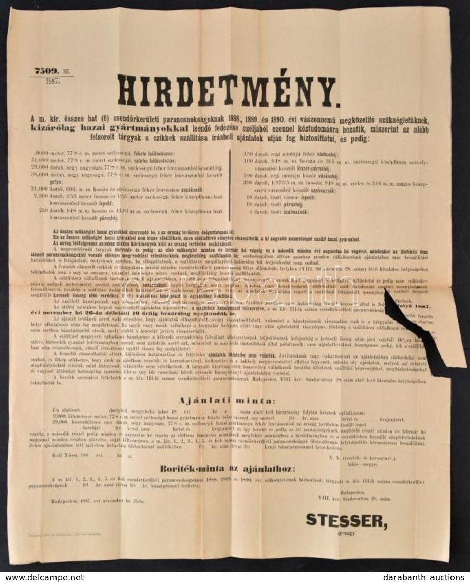 1887 Csendőrtisztek és Legénység Részére Felszerelés Beszerzése Tárgyában Kiírt Ajánlattétel Hirdetménye. 60x67 Cm Szaka - Other & Unclassified