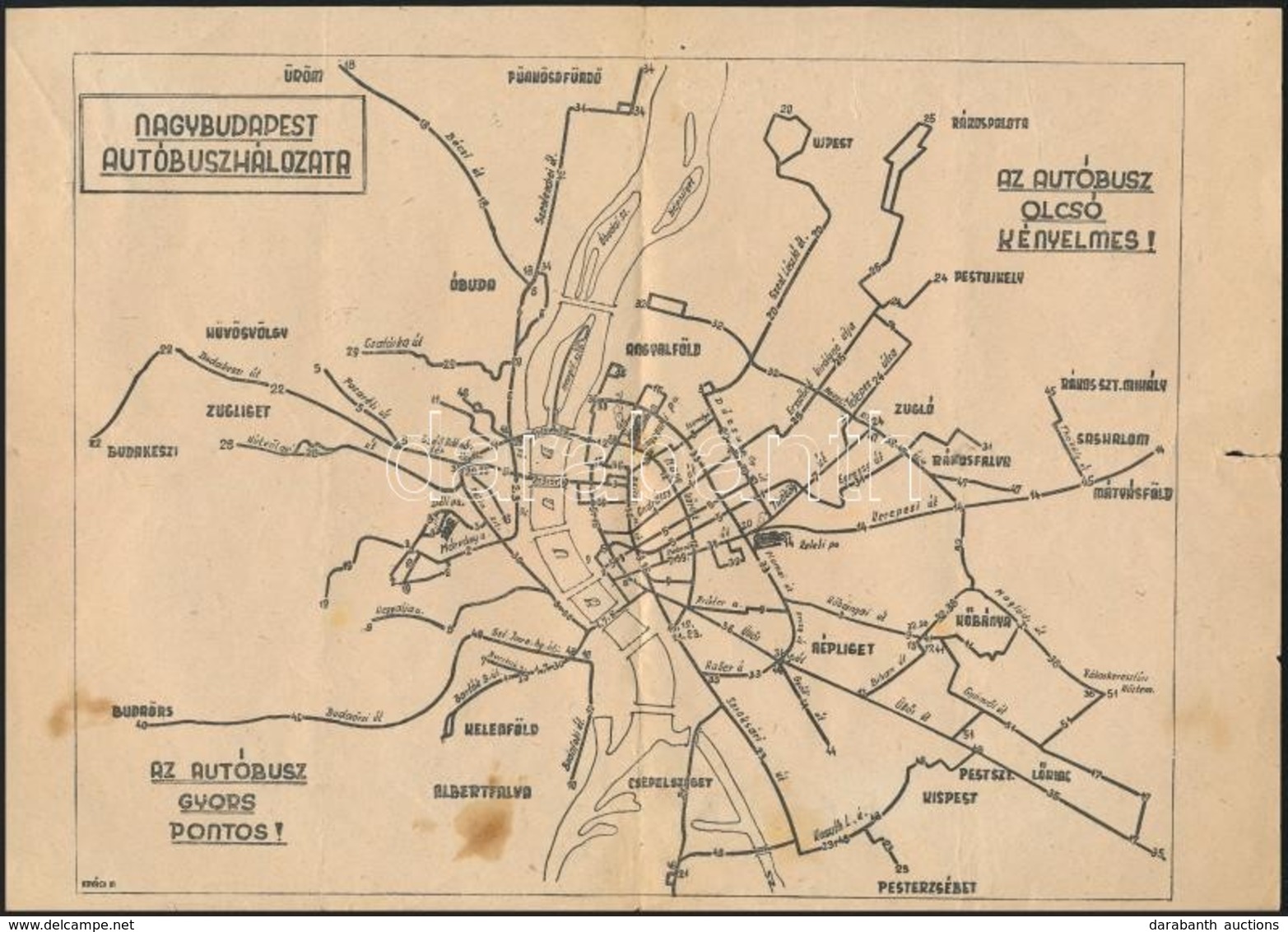 1949 Nagybudapest Autóbuszhálózata, Térkép, Menetrenddel, Szakadással, 29×21 Cm - Other & Unclassified