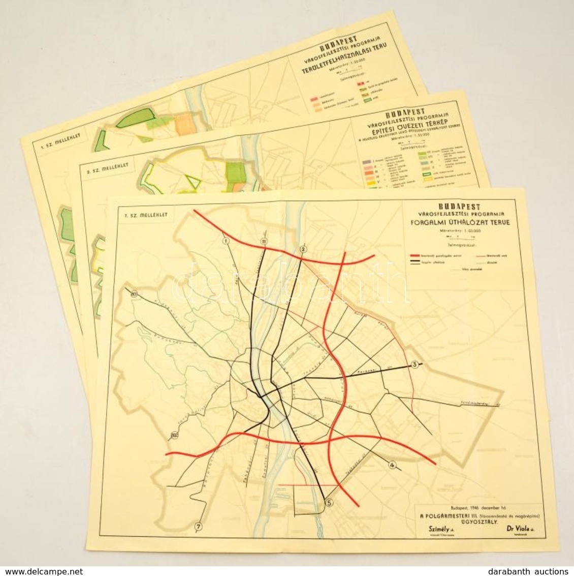 1946 Budapest Városfejlesztési Rogramja 3 Db Térkép. Közúthálózat, Fürdőhelyek Térképe, Építési övezetek Térképe. 52x41  - Autres & Non Classés