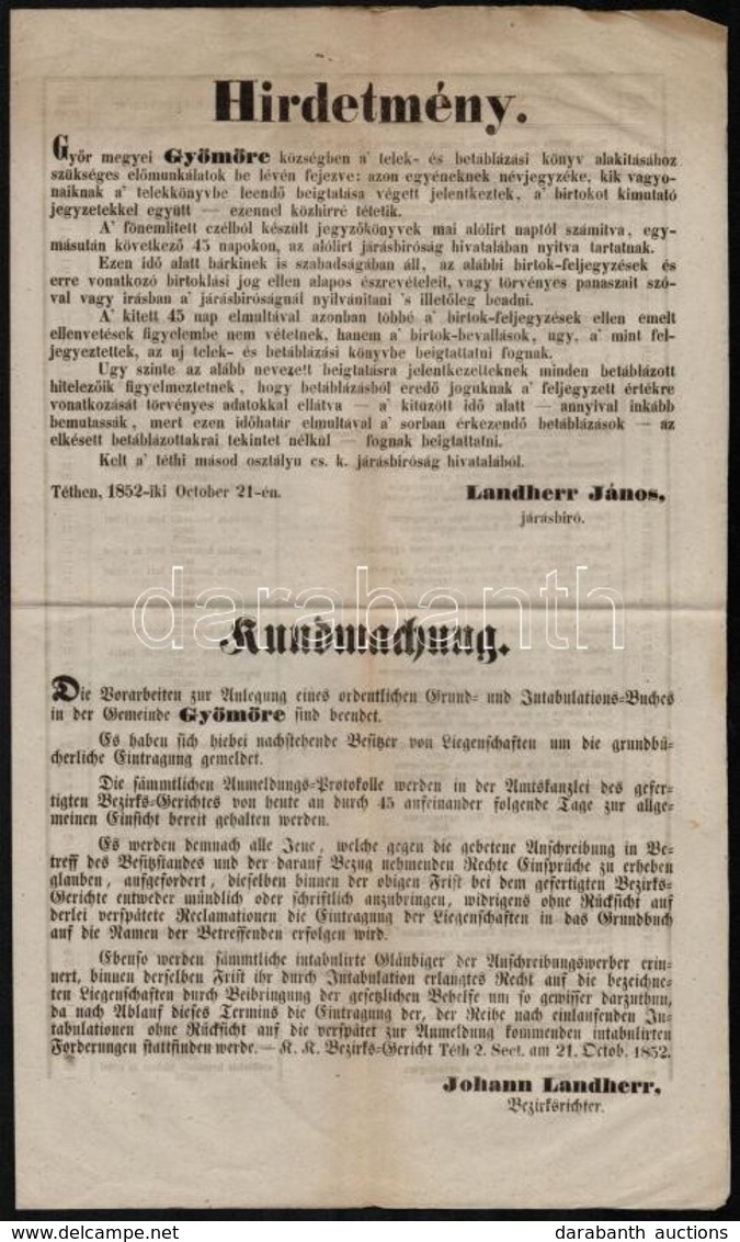 1852 Gyömöre Község Kezdeti Telekkönyvi összeírása. A Helyi Birtokosok Névjegyzéke és Hirdetmény A Jelentkezésre. 4p. - Unclassified