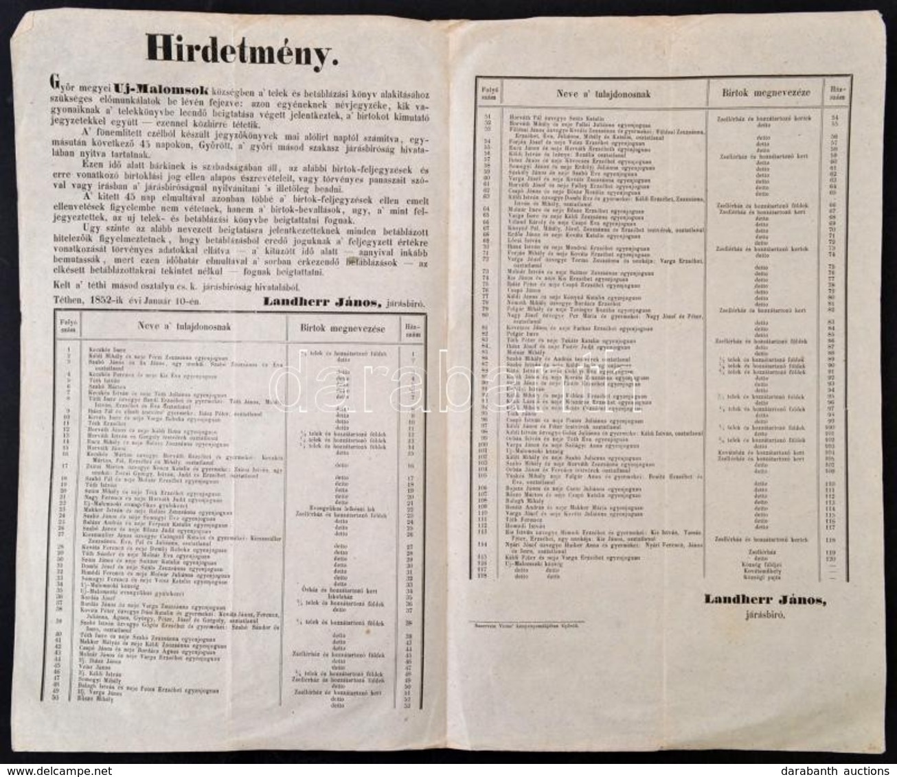 1852 Újmalomsok (Győr Vm.), Hirdetmény A Telekkönyvbe Beiktatandó Telektulajdonosok Névjegyzéke - Non Classificati