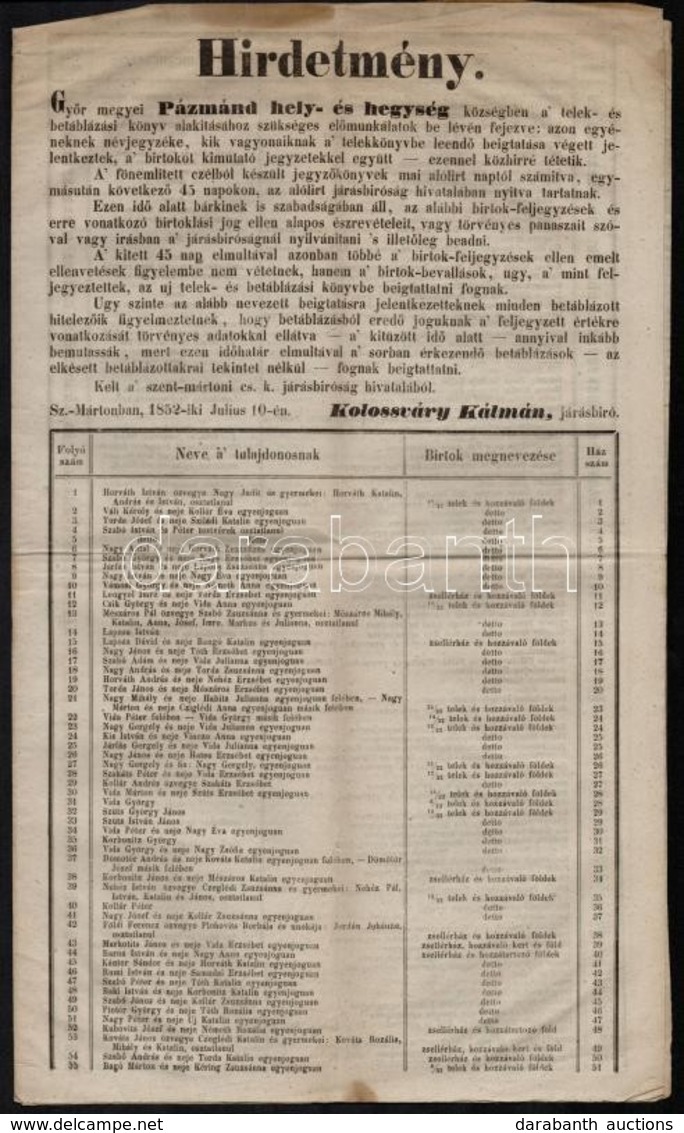1852 Pázmánd Község Kezdeti Telekkönyvi összeírása. A Helyi Birtokosok Névjegyzéke és Hirdetmény A Jelentkezésre. 8p. - Unclassified