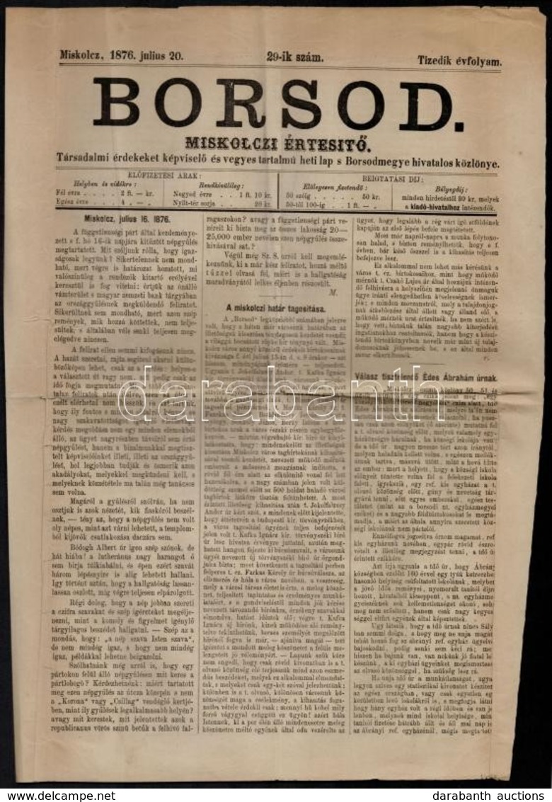 1876 Borsod. Miskolczi értesítő. X. évf. 29. Sz. 1876. Július. 20. Miskolc, Rácz Ádám-ny., 2. Sztl. Lev., Gyűrődéssel. - Ohne Zuordnung