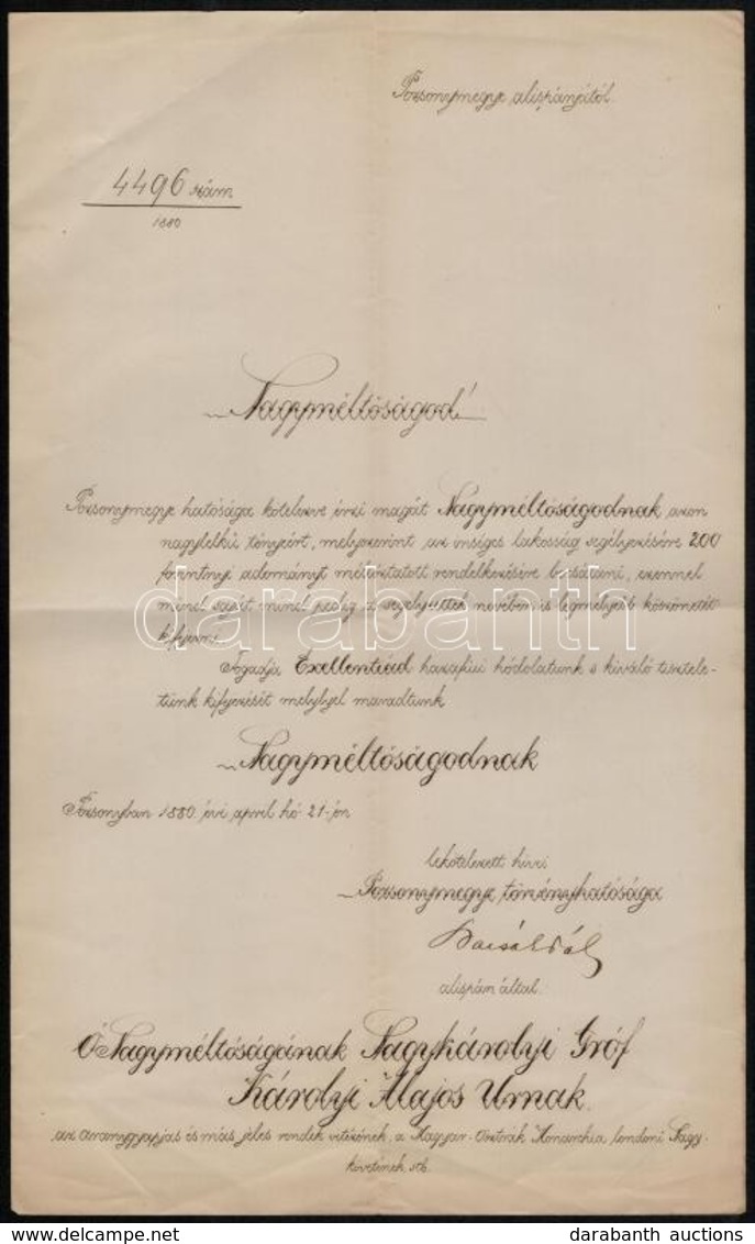 1880 Pozsonyvármegye Alispánjának Köszönő Levele Gróf Károlyi Lajosnak, A Lakosság Megsegélyezésére Adott Adományáért - Non Classificati