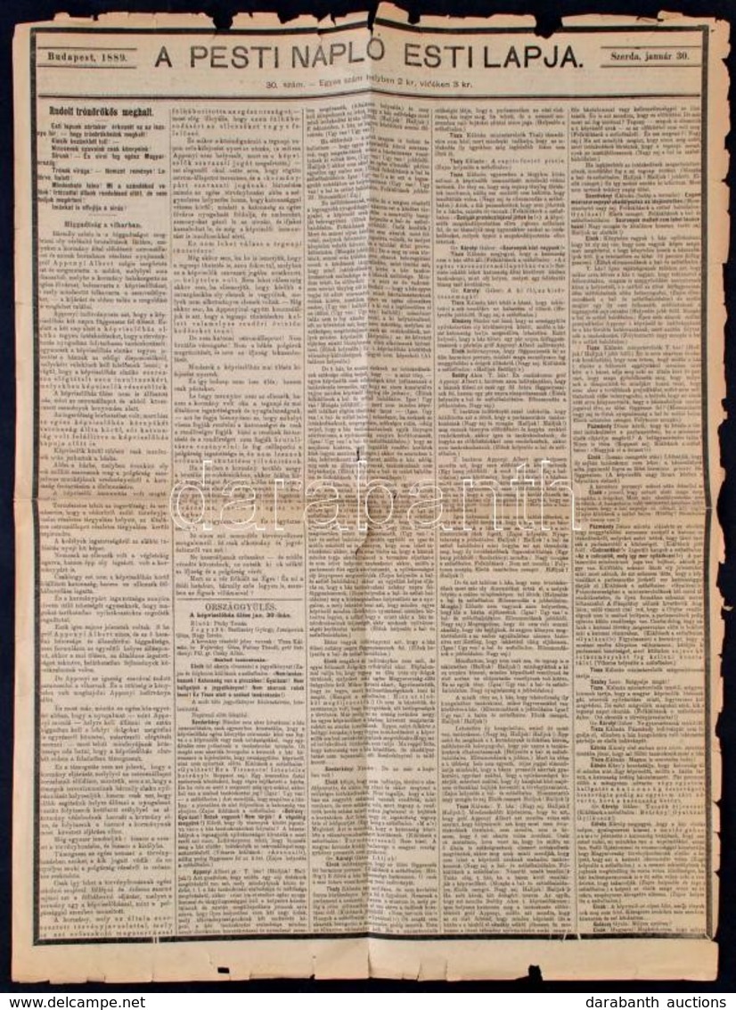 1889 Pesti Napló Esti Lapja, 1889. Január 30., Szerk.: Ifj. Ábrányi Kornél. Bp., Athenaeum, Szakadozott, 1 Sztl. Lev. Be - Non Classificati