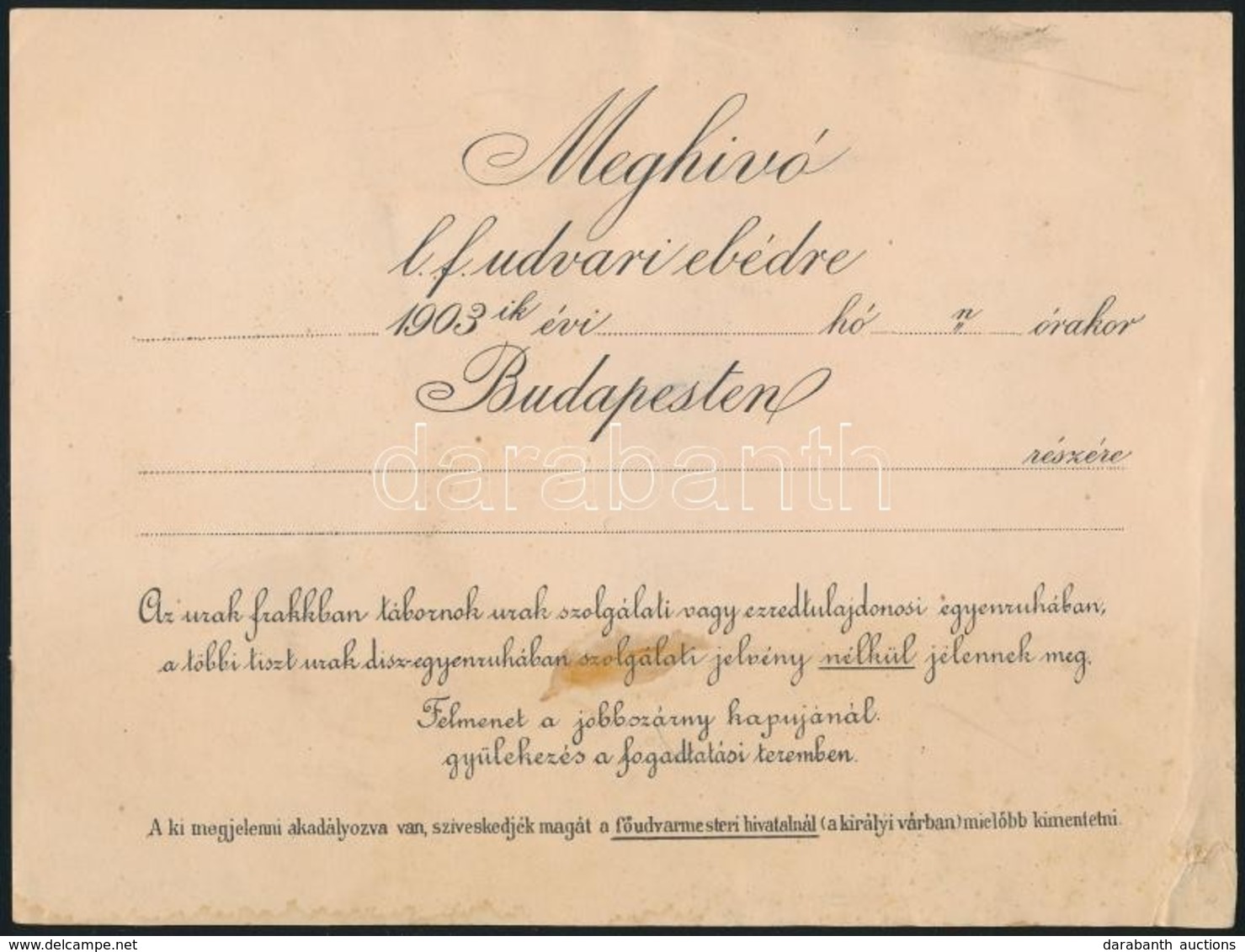 1903 Kitöltetlen Meghívó Legfelsőbb Udvari Ebédre Budapesten - Unclassified