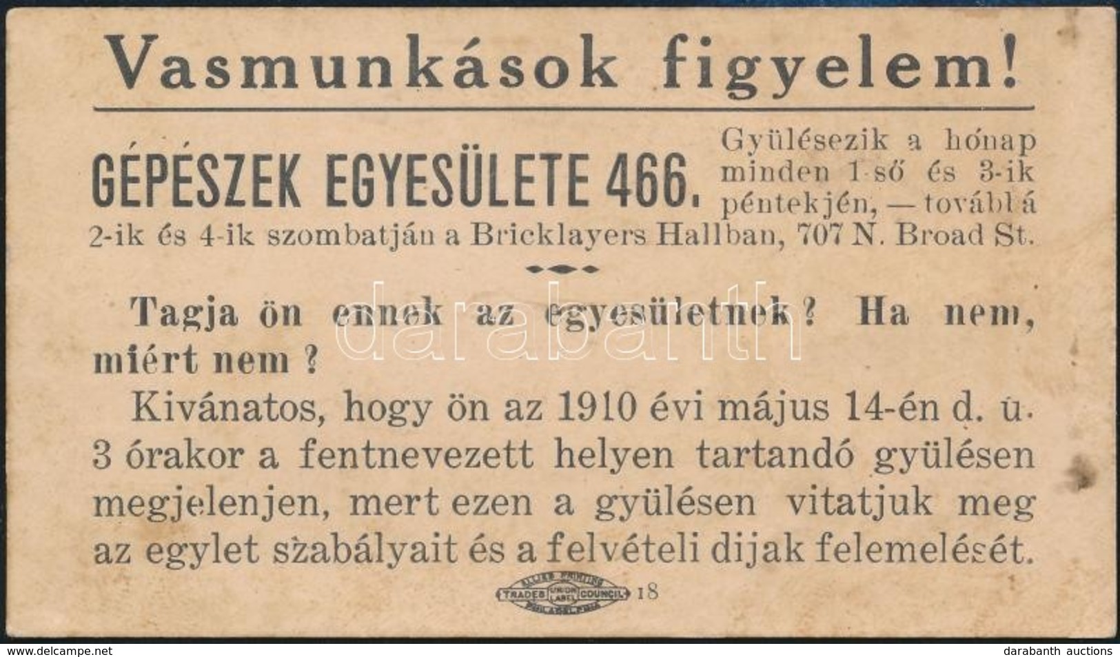 1910 Amerikai Magyar Vasmunkás Szakszervezeti Egylet Szórókartonja Philadelphiai Egyleti Gyűlésre Meghívóval, Hátoldalon - Non Classificati