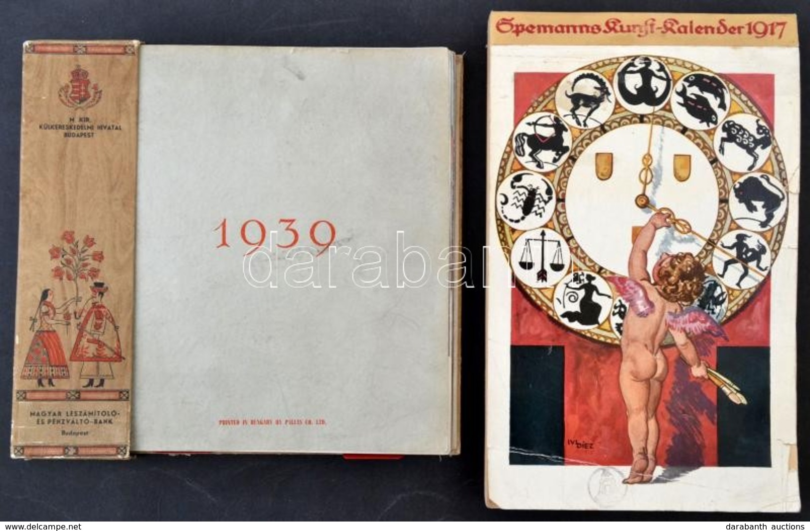 1917-1939 2 Db Régi Naptár, Kalendárium.
1917 Spemanns Kunst-Kalender 1917. Német Nyelven. A Hátsó Karton Sérült, Hiányo - Non Classificati