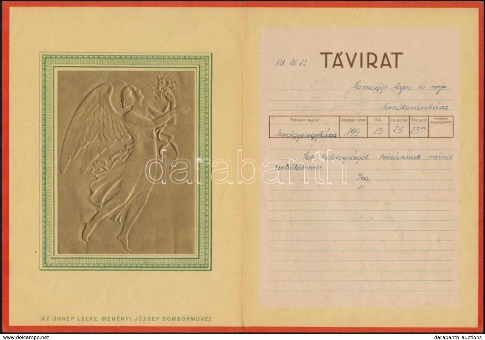 Cca 1930 Magyar Királyi Posta Díszes Távirat, Reményi József Domborművéről Készült Dombornyomott Képpel, 25x18,5 Cm - Unclassified