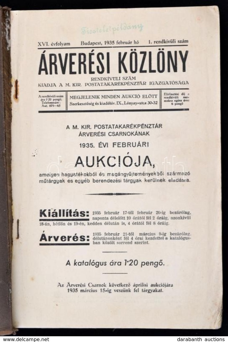 1935 Az Árverési Közlöny 16  évf. 1 Rendkívüli Száma Benne Az Aukció Részletei, árak,fotók, Papírkötésben. - Ohne Zuordnung