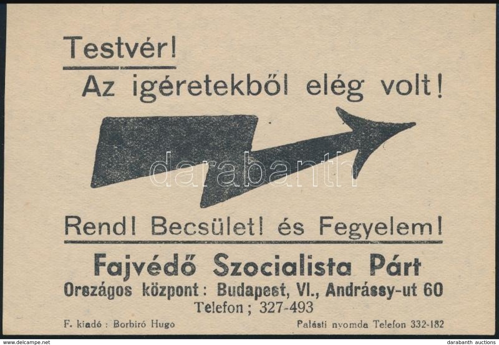 1937 Testvér! Az ígéretekből Elég Volt! A Fajvédő Szocialista Párt Röplapja, 10x8 Cm - Unclassified
