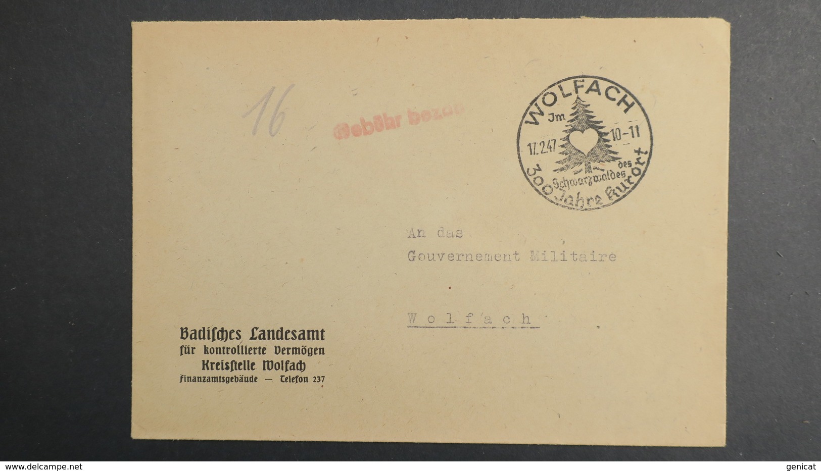 Lettre De Wolfach Fevrier 1947 Allemagne Occupation Française Pour Gouvernement Militaire Wolfach En Franchise - Autres & Non Classés