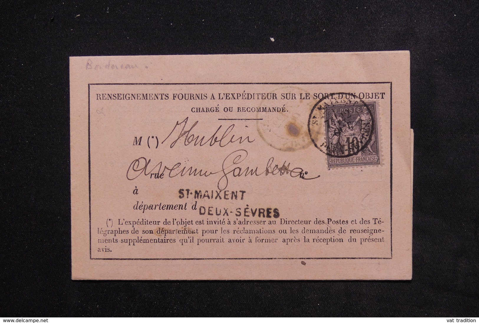 FRANCE - Formulaire De Renseignement D' Un Objet De Saint Maixent En 1884 , Affranchissement Sage - L 22928 - 1877-1920: Période Semi Moderne