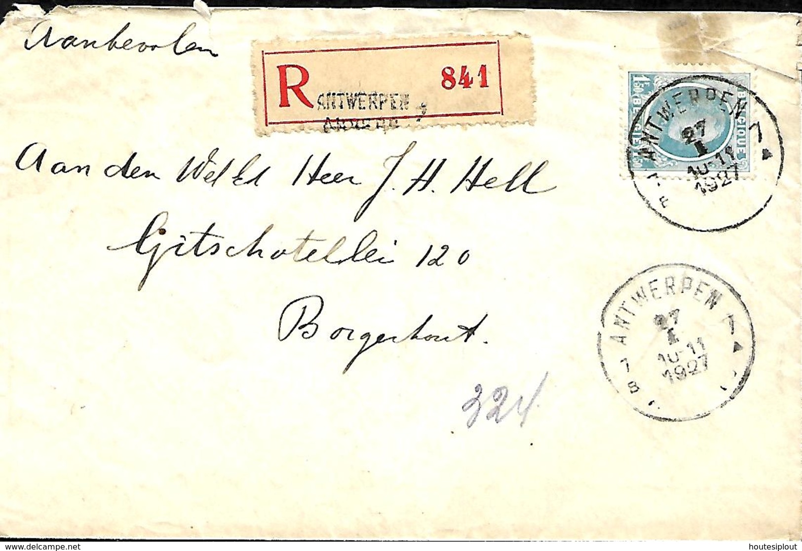 Belgique. TP 207  L. Rec. Antwerpen 7 > Borgerhout   1927  Tache - 1922-1927 Houyoux