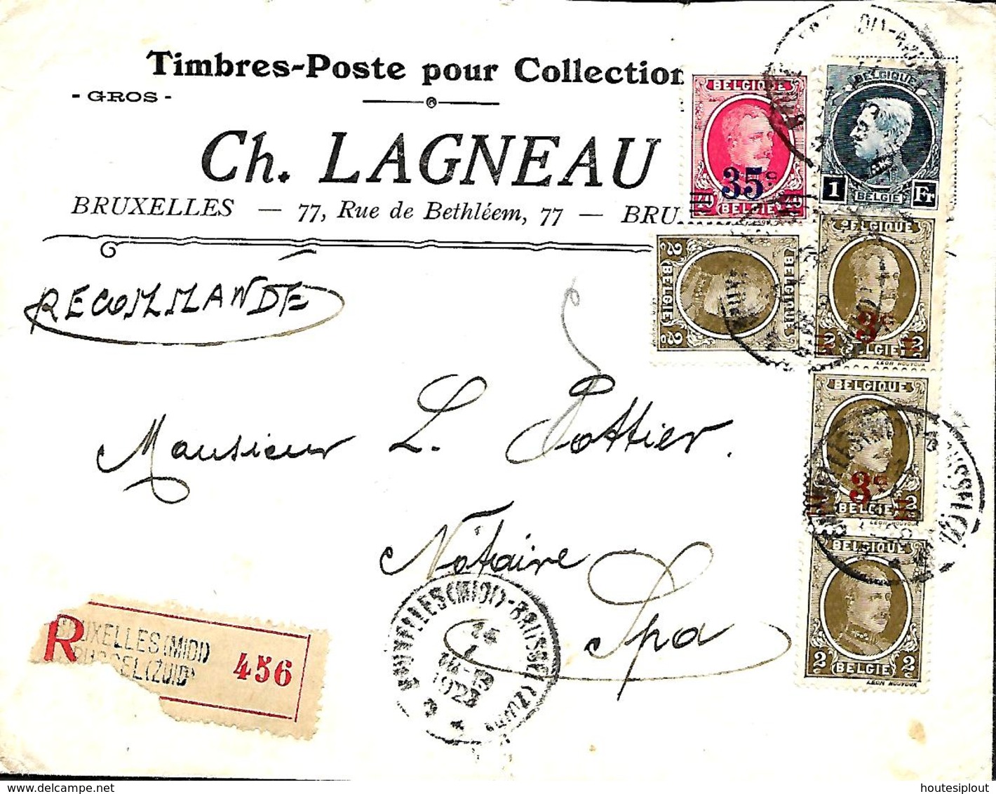 Belgique. TP  191 (x 3), 215, 245 (x 3) + 247  L. Rec. Bruxelles Midi > Spa  1928 - 1922-1927 Houyoux