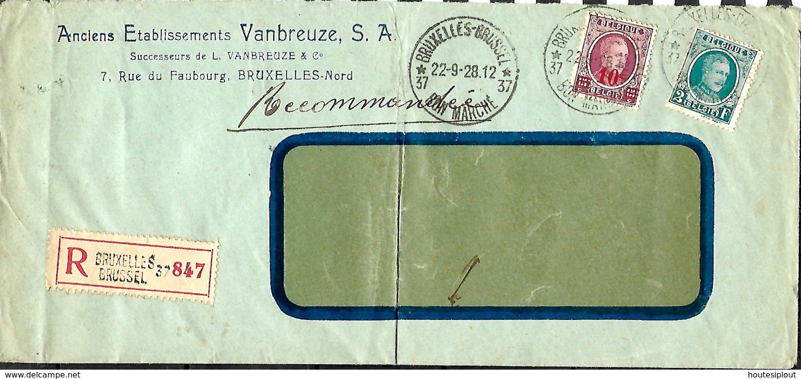 Belgique. TP 208 + 246  L. Rec. Agence  Bruxelles 37 Bon Marché (Indice E) > ?  1928   Pli - 1922-1927 Houyoux