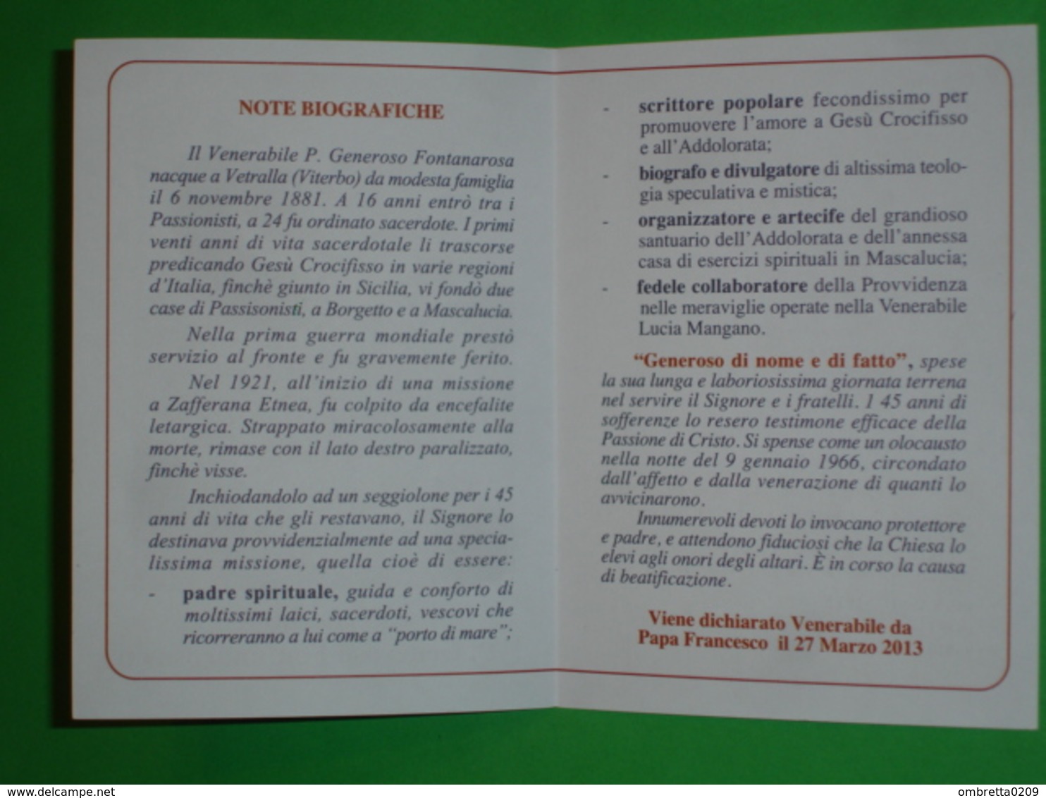 Ven.P.GENEROSO FONTANAROSA Cp.VETRALLA,Viterbo.Passionisti.BORGETTO,MASCALUCIA,Sicilia.ZAFFERANA Etnea.Ven.LUCIA MANGANO - Santini