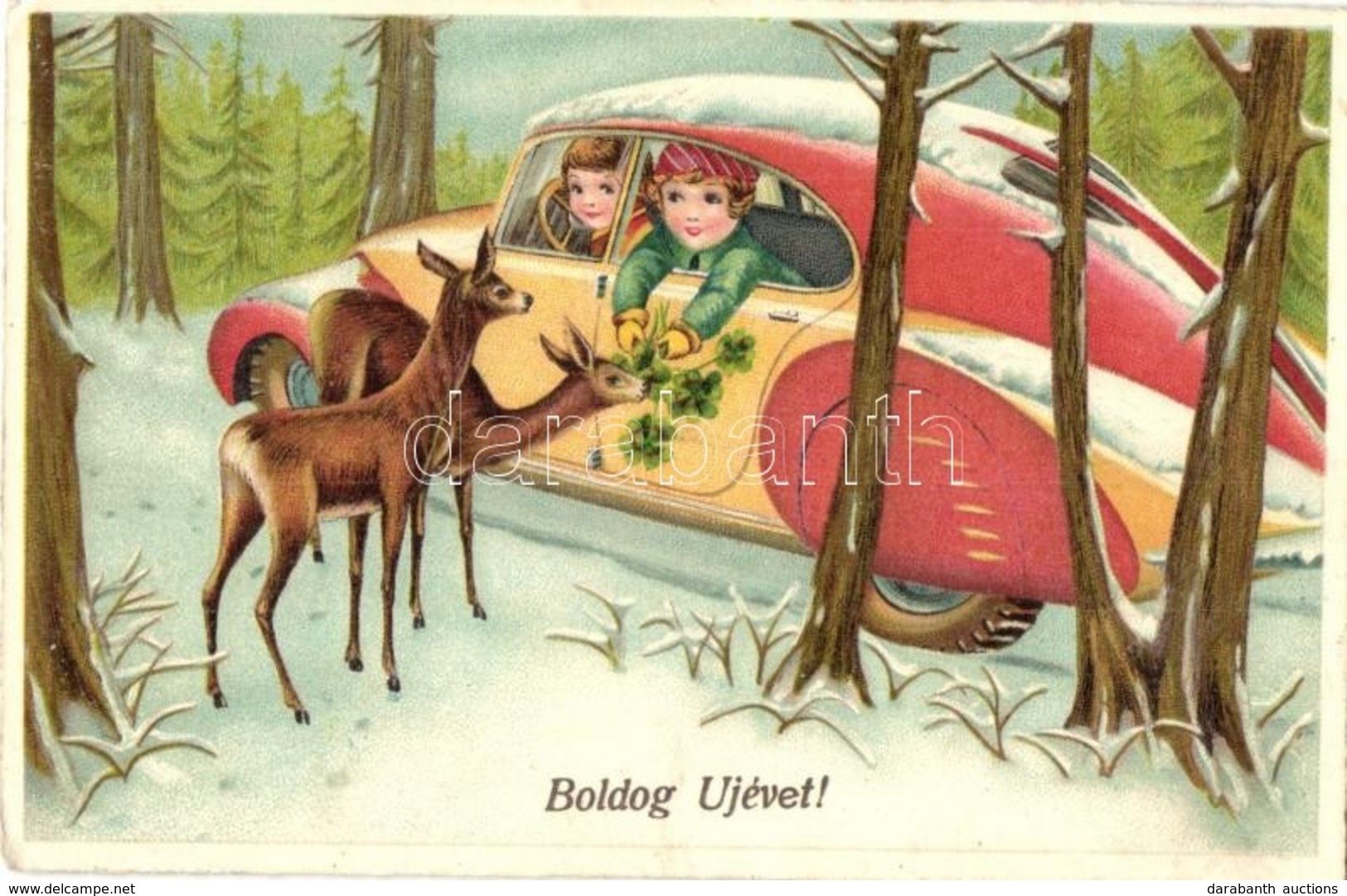 3 Db RÉGI újévi üdvözlőlap Autóval, Tankkal és Repülőgéppel / 3 Pre-1945 New Year Greeting Art Postcards With Automobile - Non Classificati